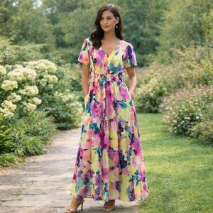 Nicole Miller New York Watercolor Floral Maxi Dress Size Small With Pockets